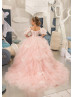Off Shoulder Beaded Ivory Lace Pink Tulle Ruffled Flower Girl Dress